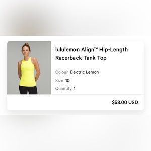 Lululemon align hip length tank top size 10 lemon color